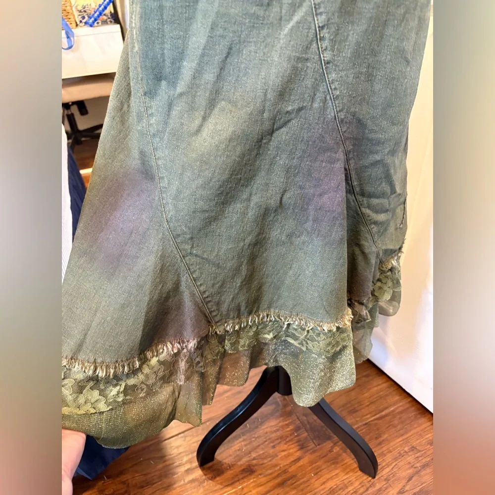 Simon Chang Olive Green Midi Skirt Beaded Floral Lace Hem Size 12 - Picture 9 of 11